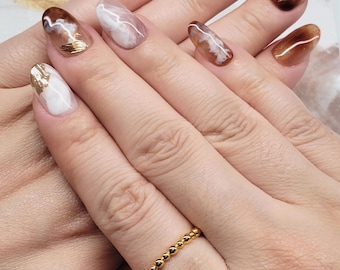 3D Acrylic Cat Eye Press On Nails: Brown Short Square Luxury