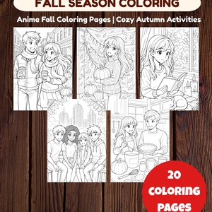 Peut inclure: Une collection de pages à colorier de style anime sur le thème de l'automne. L'image présente plusieurs panneaux avec des dessins au trait de personnes dans des décors automnaux, notamment des scènes avec des citrouilles, de la lecture et de la cuisine. Le texte indique "Fall Season Coloring" et "20 Coloring Pages."