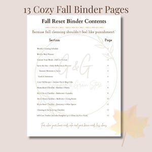 以下が含まれることがあります： 「13 Cozy Fall Binder Pages」と「Fall Reset Binder Contents」のテキストが入った白いバインダーページ。ページには、「Weekly Cleaning Schedule」や「Home Reset Checklist」などのセクションのリストが含まれています。隅には秋の葉のグラフィックがあります。