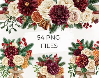 Ensemble de cliparts floraux de Noël bordeaux, 54 dahlias aquarelle et roses ivoire PNG, orange séchée, cannelle, baies et pin