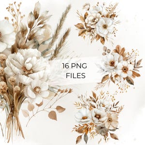 May include: Watercolor floral arrangements in shades of white, cream, and brown. The image features a bouquet and several smaller floral arrangements. The text "16 PNG FILES" is displayed on the image.