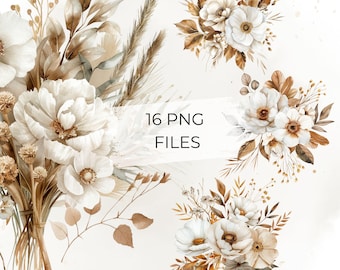 Boho Neutral Floral Clipart Beige White Flower Bouquet PNG Set for Wedding Invitations Rustic Botanical Design