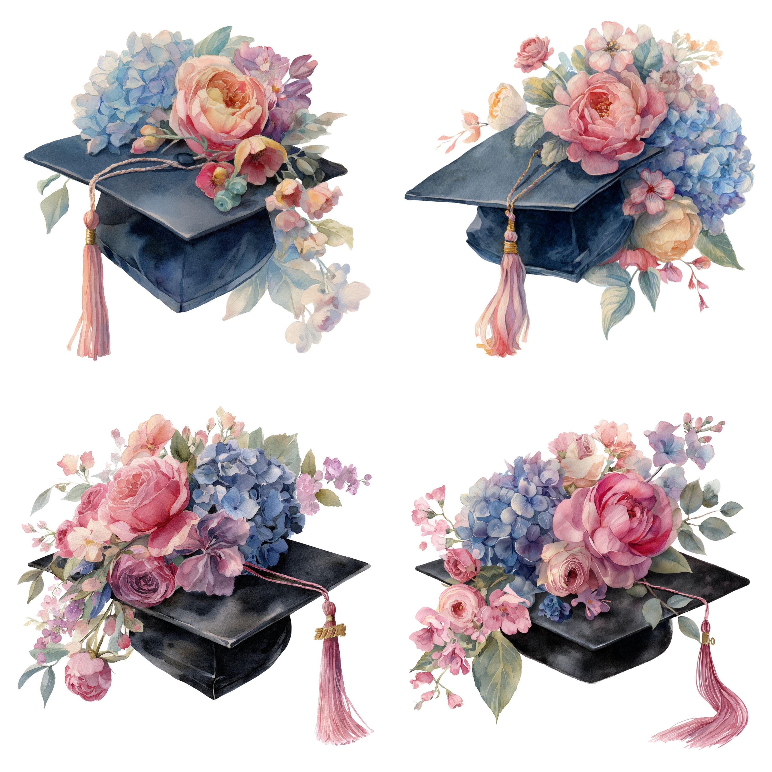 Graduation Clipart Watercolor Floral Graduation Cap PNG Bundle Pink ...