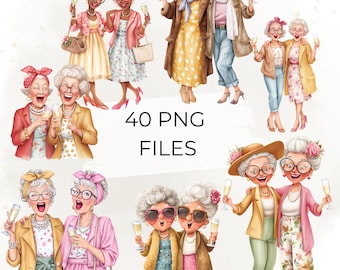 Sassy Grandma Friends Clipart, 40 PNG Files, Watercolor Senior Women, Champagne Toast, Birthday Party Graphics