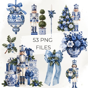 May include: A collection of 53 PNG files featuring watercolour illustrations in blue and white. Elements include nutcrackers, Christmas trees, floral arrangements in vases, holly sprigs, gift boxes, bows, and ornaments with intricate patterns.