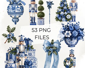 Chinoiserie Nutcracker Clipart Bundle, 53 PNG, Blue White Christmas Clipart, Porcelain Ornaments, Ginger Jar Watercolor
