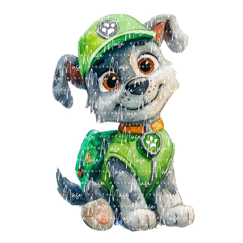 May include: Watercolor illustration of a cartoon dog character, wearing a green hat and vest with a paw print emblem. The dog has gray fur, brown eyes, and a smiling expression. The character is sitting down.