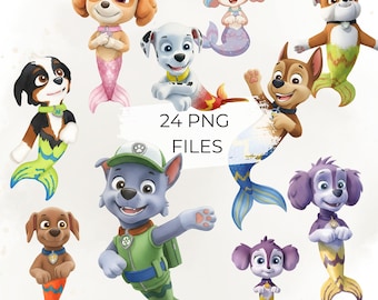 Mermaid Dog Clipart Set, Cartoon Sea Puppy PNGs, Underwater Party Invitations, Kids Ocean Decor
