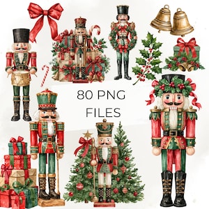 Könnte beinhalten: Eine Sammlung von Aquarell-Weihnachtsillustrationen mit Nussknackern in rot-grünen Uniformen, Stapeln von verpackten Geschenken, Stechpalmenzweigen, goldenen Glocken, einer roten Schleife und einem geschmückten Tannenbaum. Der Text 80 PNG FILES ist zentriert.
