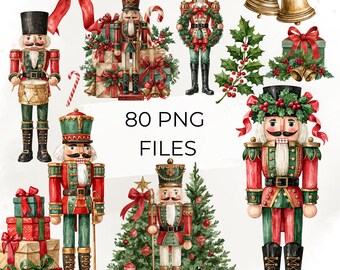 Nutcracker Clipart Bundle, 80 PNG, Watercolor Christmas Nutcracker PNG, Red Green Holiday Decor, Bells Gifts Holly