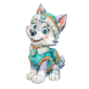 May include: A watercolor illustration of a cartoon husky puppy wearing a teal and orange winter outfit. The puppy has blue eyes, pink cheeks, and a smiling expression. The puppy is wearing a hat with a paw print.
