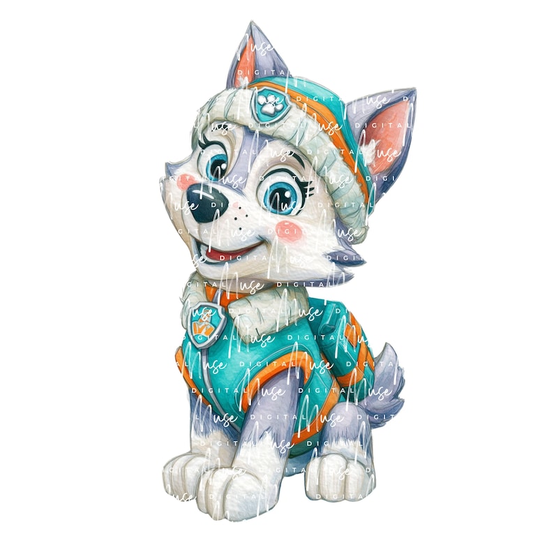 May include: A watercolor illustration of a cartoon husky puppy wearing a teal and orange winter outfit. The puppy has blue eyes, pink cheeks, and a smiling expression. The puppy is wearing a hat with a paw print.