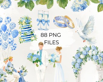 Hydrangea Wedding Clipart Bundle, Blue Floral PNG Set, Watercolor Bridal Bouquet Elements for Invitations, 88 PNG Files