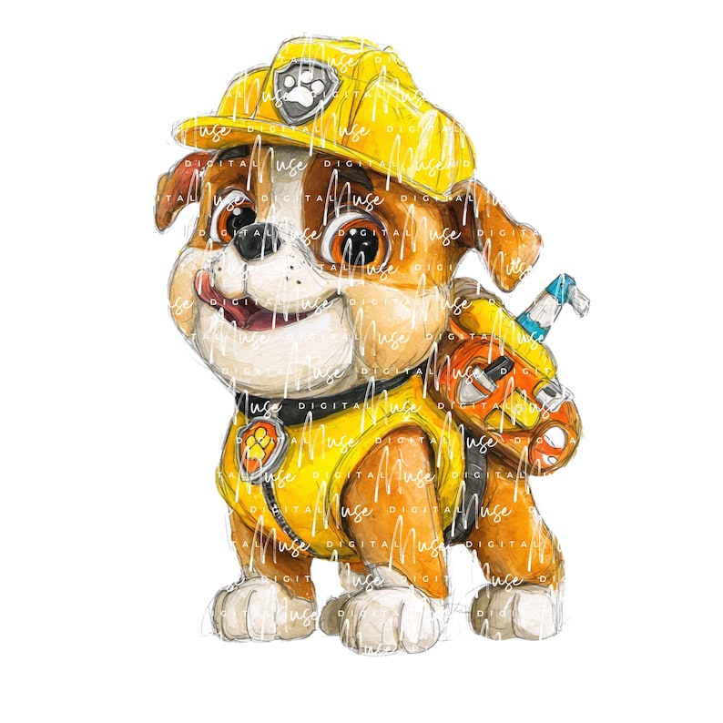 May include: A watercolor illustration of a cartoon dog in a yellow construction hat and vest. The dog has brown and white fur, with a backpack and a badge. The image has a white background.