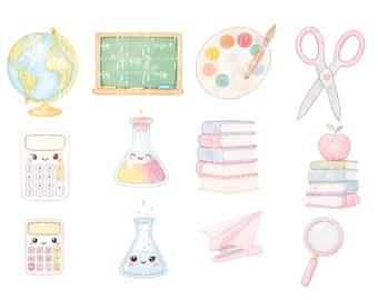 48 Pastell Kawaii Schule PNG Clipart Set - süßes Schulanfang-Set, Klassenzimmer-Dekor, Planer-Aufkleber, druckbare Schulmaterialien