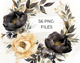Black Gold Floral Clipart Bundle, Watercolor Floral Wreath PNG, Elegant Flower Frames for Wedding Invitations
