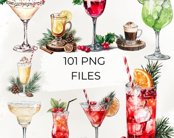 Christmas Cocktail Clipart Bundle, 101 Watercolor Holiday Drinks PNG, Festive Mocktail, Hot Cocoa and Winter Beverage Sublimation