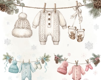 25 imágenes prediseñadas de acuarela de ropa de bebé de invierno / Dibujos lineales de conjuntos para recién nacidos / Conjunto PNG de mameluco de punto acogedor / Decoración para baby shower y álbum de recortes