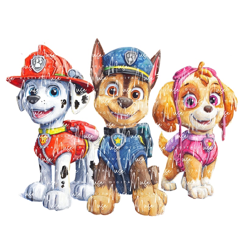 May include: Watercolor illustration of three cartoon puppies from the Paw Patrol series. Marshall, the Dalmatian, wears a red firefighter's hat and uniform. Chase, a German Shepherd, is in a blue police uniform. Skye, a Cockapoo, is in a pink outfit.