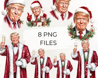 Trump Christmas Clipart Bundle, 8 Donald Trump Santa PNG, Watercolor President Portraits, Holiday Sublimation Digital Download