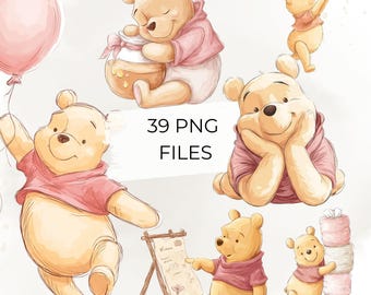 Teddy Bear Clipart Bundle, Cute Bear PNG, Nursery Baby Shower Clipart, Watercolor Pink Bear Graphics, 39 PNG Files (Digital Download)