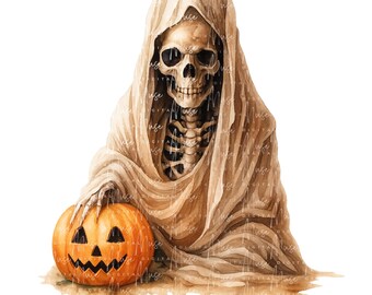 Watercolor Halloween Skeleton Clipart: Skull PNG Images (Digital Download)