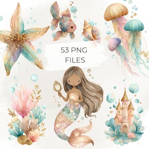 Ocean Watercolor Clipart Set, Pastel Under the Sea Elements, Mermaid & Shell PNG Illustrations, Nursery Decor Graphics