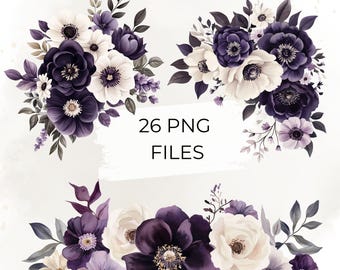 Conjunto de imágenes prediseñadas PNG de flores moradas, elementos de ramo de flores en acuarela, diseño de invitación de boda, estilo oscuro y elegante.