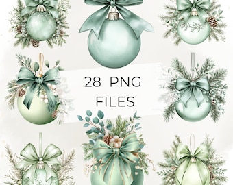 Sage Green Christmas Ornament Clipart, 28 PNG Files, Mint Watercolor Bauble with Bow, Holiday Greenery Graphics
