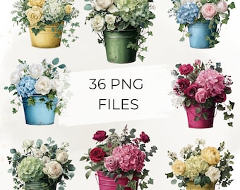 Flower Bucket Clipart, 36 PNG Files, Floral Arrangement PNG, Hydrangea Rose Bouquet, Rustic Garden Flowers, Spring Wedding Clip Art