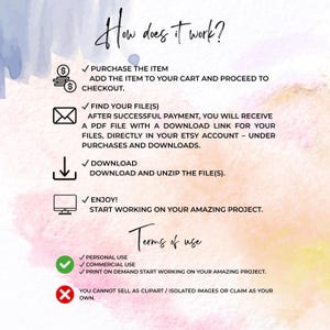May include: An informational graphic with the text "How does it work?" and "Terms of use." The graphic details the steps to purchase, download, and use a digital product, with icons and checkmarks. The background has watercolor-style washes.