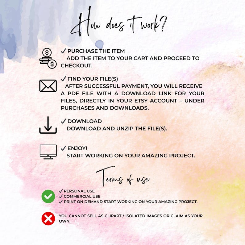 May include: An informational graphic with the text "How does it work?" and "Terms of use." The graphic details the steps to purchase, download, and use a digital product, with icons and checkmarks. The background has watercolor-style washes.