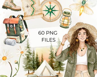 Camping Clipart Bundle, Watercolor Outdoor Adventure PNG, Hiking Gear  Forest Elements for Travel Designs, 60 PNG Files