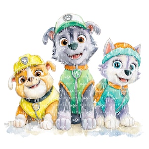 May include: Watercolor illustration of three cartoon dogs from the Paw Patrol series. The dogs are wearing uniforms and hats in yellow, green, and teal. The dogs are smiling and appear to be ready for action.