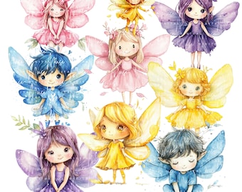 Watercolor Fairy Clipart Bundle: Pastel Nursery PNG Images (Digital Download