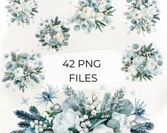 42 images clipart florales d'hiver au format PNG : bouquets de pivoines blanches à l'aquarelle, pin givré, eucalyptus et fleurs de Noël argentées.