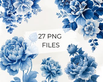 Blue Chinoiserie Floral Clipart, 27 PNG Files, Blue Peony Flower PNG, Porcelain Style Wedding Floral Graphics