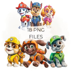 Pode incluir: Ilustração em aquarela de seis filhotes de desenho animado da série Patrulha Canina. Os filhotes usam uniformes em várias cores, incluindo vermelho, azul, amarelo e laranja. O texto "18 PNG FILES" está no centro.