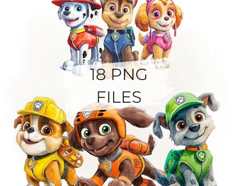 May include: Watercolor illustration of six cartoon puppies from the Paw Patrol series. The puppies are wearing uniforms in various colors, including red, blue, yellow, and orange. The text "18 PNG FILES" is in the center.