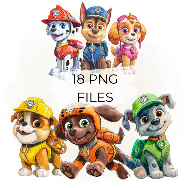 May include: Watercolor illustration of six cartoon puppies from the Paw Patrol series. The puppies are wearing uniforms in various colors, including red, blue, yellow, and orange. The text "18 PNG FILES" is in the center.