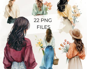 Woman Clipart Bundle, Female Watercolor PNG, Back View Girl Clipart, Feminine Floral Lady PNG, 22 Files