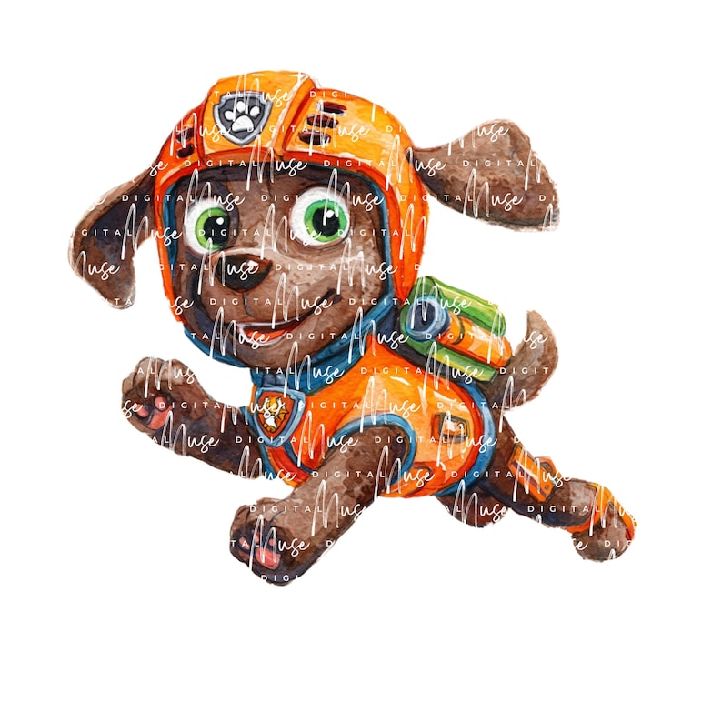 May include: Watercolor illustration of a brown puppy in an orange and blue uniform, wearing an orange helmet. The puppy has green eyes and is smiling. The image is on a white background.