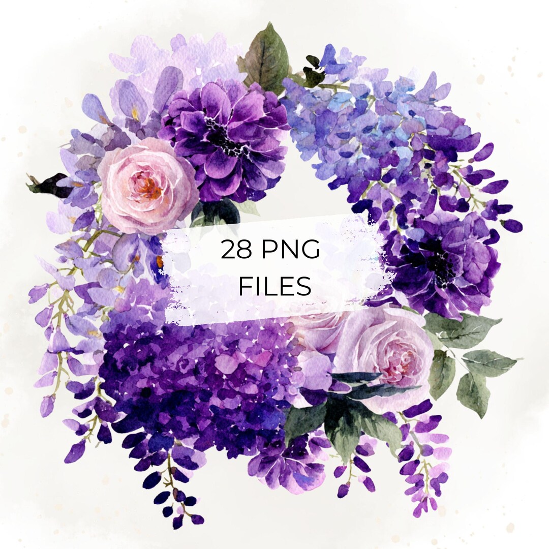 Purple Floral Clipart Set – Watercolor Flower Bouquets & Wreaths PNG ...