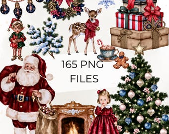 Lot de 165 images clipart de Noël vintage au format PNG : Père Noël à l’aquarelle, lutins, rennes, sapins de Noël, cadeaux et décorations de fêtes