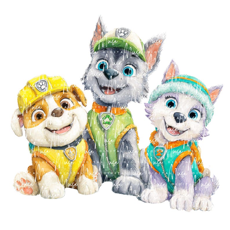 May include: A digital illustration of three cartoon dogs from the Paw Patrol series. The dogs are wearing colorful uniforms and hats. The dog on the left is brown and yellow, the middle dog is gray and green, and the dog on the right is purple and teal.