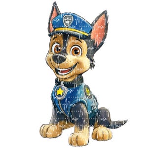 May include: A digital illustration of Chase from Paw Patrol. Chase, a German Shepherd puppy, is depicted in his police uniform, smiling. The image features a blue police hat and vest with a yellow star badge. The artwork has a cartoon style with soft shading.