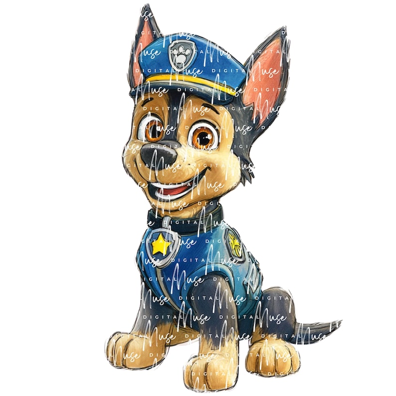 May include: A digital illustration of Chase from Paw Patrol. Chase, a German Shepherd puppy, is depicted in his police uniform, smiling. The image features a blue police hat and vest with a yellow star badge. The artwork has a cartoon style with soft shading.