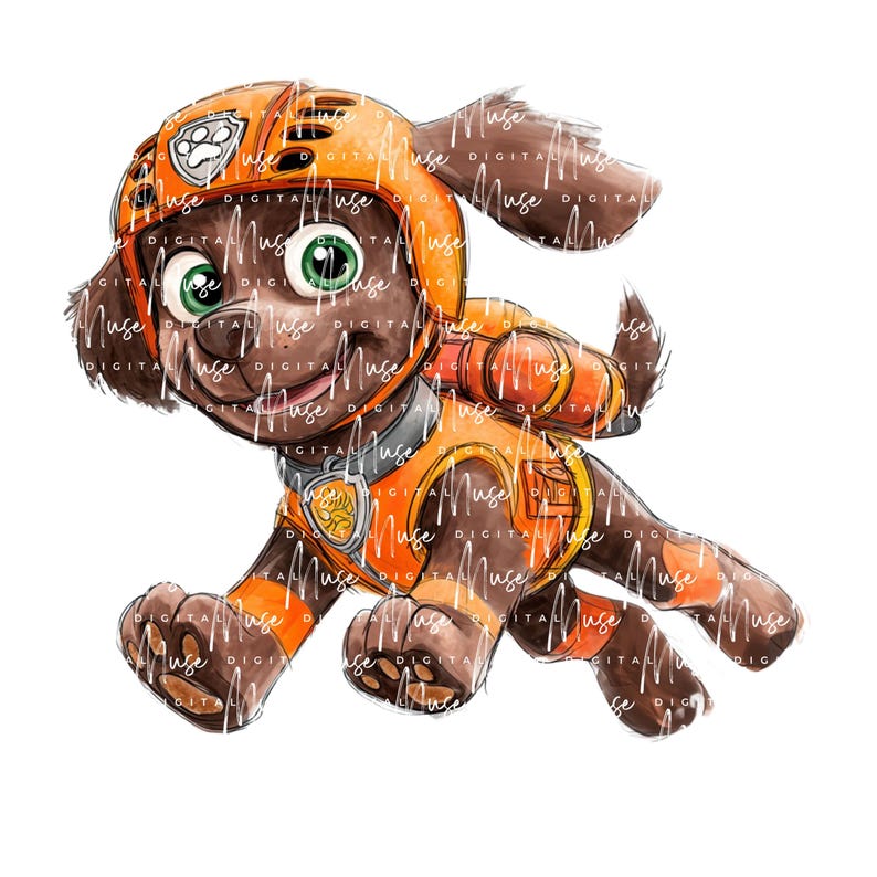 May include: Watercolor illustration of a cartoon dog in an orange and yellow uniform and helmet. The dog has brown fur, green eyes, and is smiling. The image has the word "Muse Digital" watermarked across it.