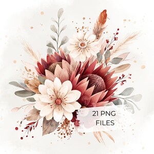 Conjunto de imágenes prediseñadas de proteas en acuarela, estilo boho neutro, ideal para invitaciones de boda, branding y pegatinas.