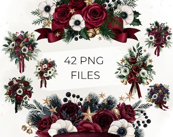 Burgundy Christmas Floral Clipart Bundle, 42 Watercolor Rose Bouquet PNG, Winter Flowers, Holiday Wedding Sublimation